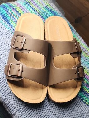 Falls Creek Double Buckle Brown Slide Sandals
